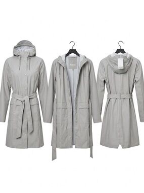 Rains Women's Curve Long Jacket Nimbus Light Gray Hooded Trench Coat Small